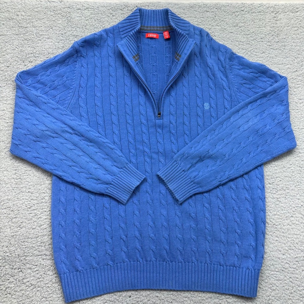 IZOD 45FS660 Mens XL Blue Quarter-Zip Cable Knit Sweater Long Sleeve Ribbed Trim